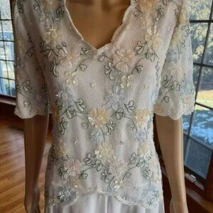 *Vintage Laurence Kazar Ivory Pink Blue Green Beaded Mom's Dress Gown Size 12 14